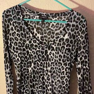 NWOT Express snow leopard print v neck long sleeve form fitting slightly sheer